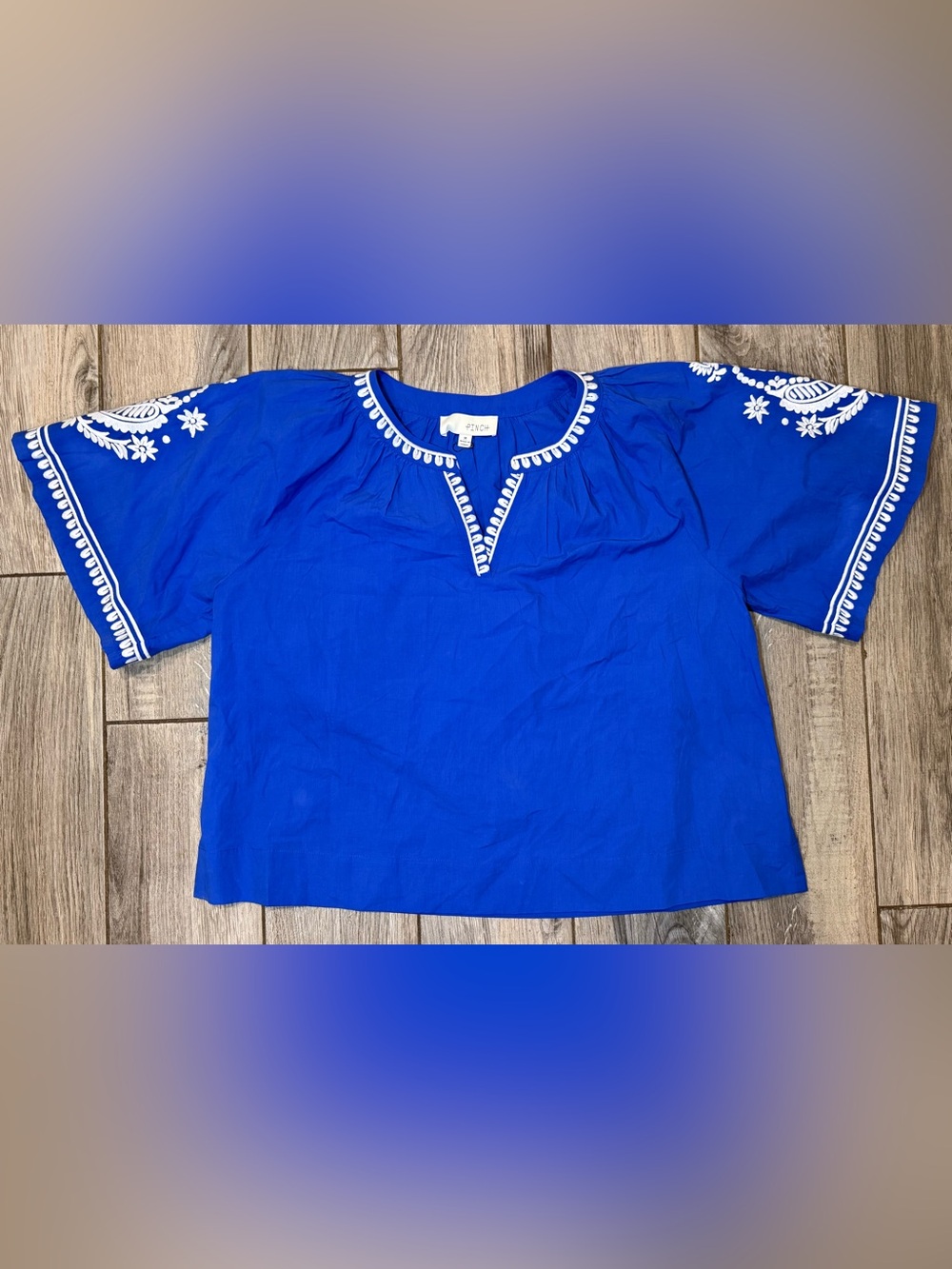 Pinch Women's Royal Blue Embroidered Split-Neck Blouse